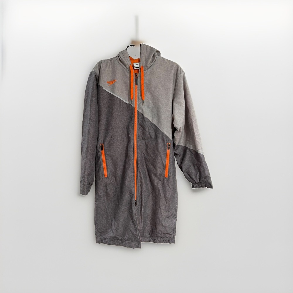 Speedo Swim Parka Jacket Mens XS Gray Orange Fleece Lined Hooded Full Zip H1